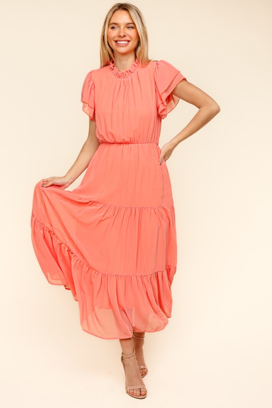 Haptics Full Size Tiered Frill Mock Neck Short Sleeve Dress.