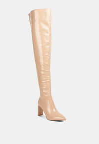 Minkles Patent Pu Long Slim Block Heeled Boots.