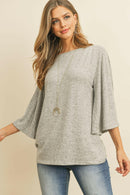 Boat Neck Bell Sleeve Solid Hacci Brushed Top