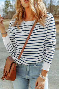 Hannah Striped Print Ribbed Trim Long Sleeve Top.