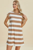 Basic Bae Full Size Striped Round Neck Cap Sleeve Mini Dress.