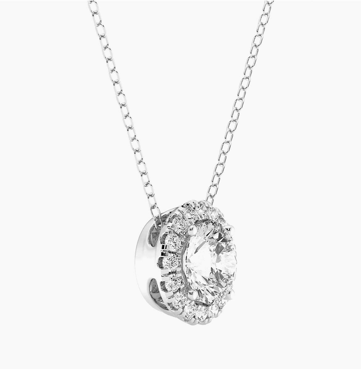 Exquisite AGI Certified Lab-Grown Diamond (G/Vs) Halo Pendant Necklace in 14kt White Gold - Choose 1 CTW or 2 CTW.