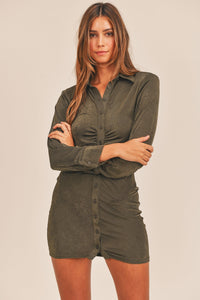 MABLE Front Ruched Button-Down Skinny Mini Shirt Dress.