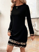 Leopard Trim Round Neck Long Sleeve Mini Dress.