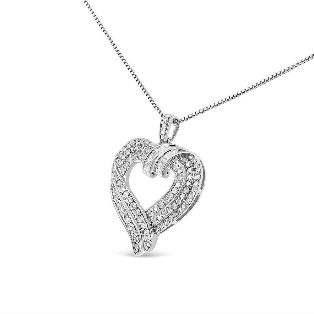 .925 Sterling Silver 1.00 Cttw Baguette Diamond Composite Open Heart 18" Inch Pendant Necklace (I-J Color, I1-I2 Clarity.