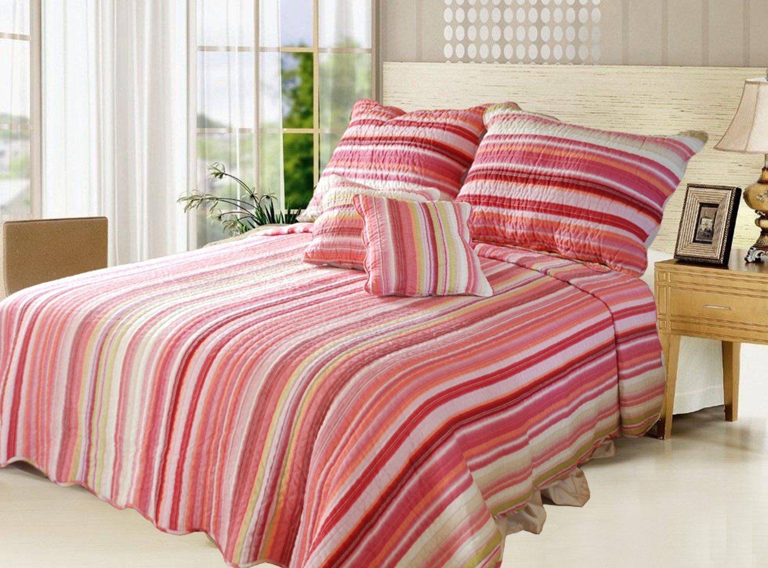 Lovely Stunning Stripes Red & Pink Reversible Quilted Coverlet Bedspread Set (DXJ101824)