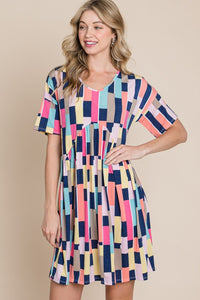 BOMBOM Ruched Color Block Short Sleeve Mini Dress.