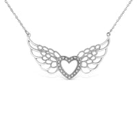 .925 Sterling Silver Pave-Set Diamond Accent Fairy Wing 18" Heart Pendant Necklace (I-J Color, I1-I2 Clarity).