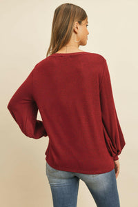 Puff Sleeved Boat Neck Two Toned Brushed Hacci Top