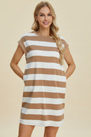 Basic Bae Full Size Striped Round Neck Cap Sleeve Mini Dress.