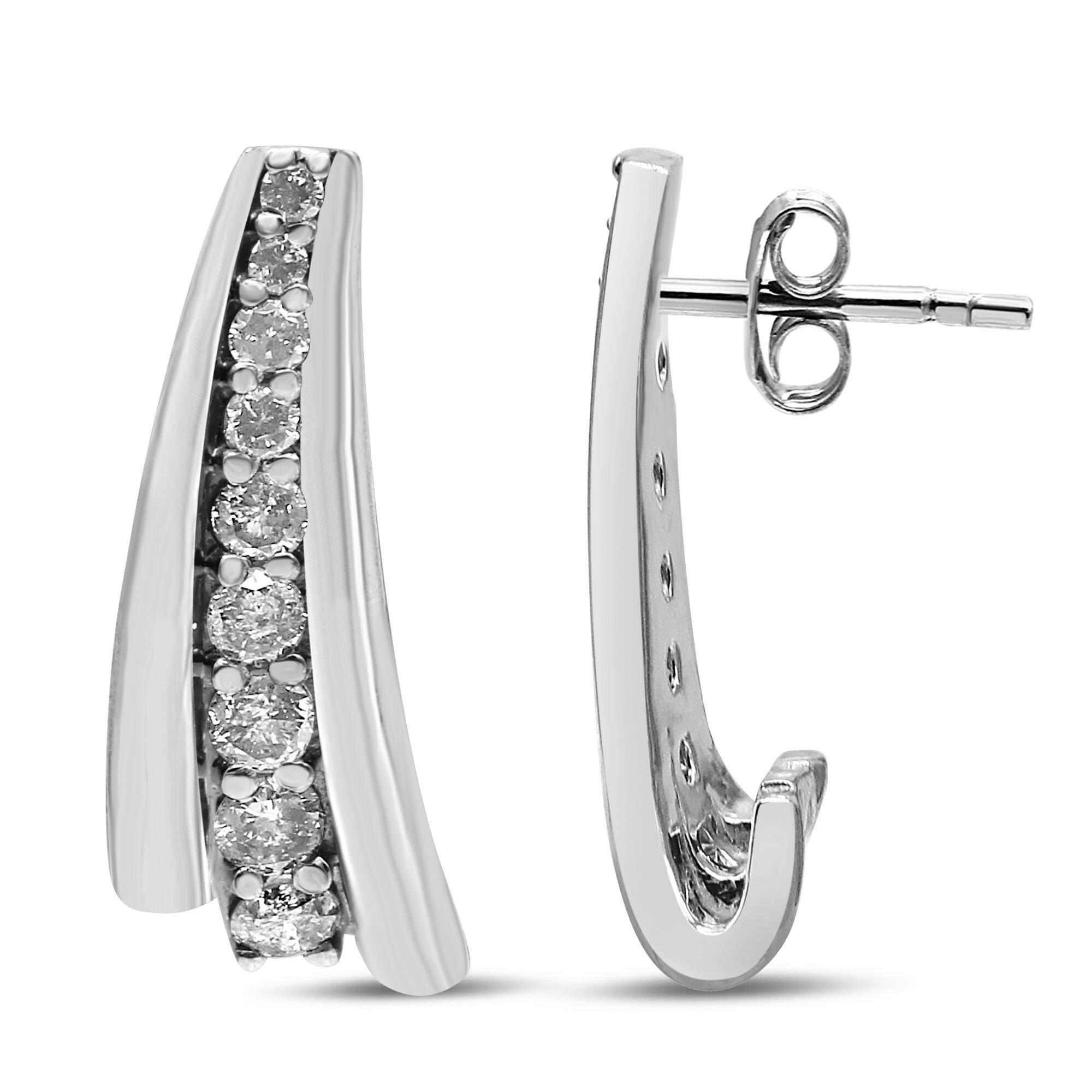 .925 Sterling Silver 1 Cttw Round Diamond Graduated Huggie Earrings (I2-I3 Clarity, I-J Color).