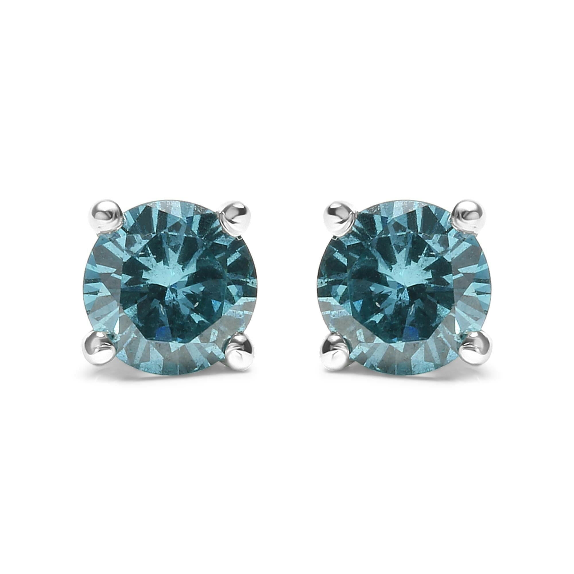 14K Gold 1/2 Cttw Aqua Blue Diamond Screw-Back 4-Prong Classic Stud Earrings (Color Treated, I2-I3)