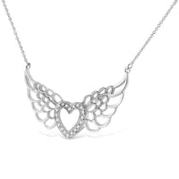 .925 Sterling Silver Pave-Set Diamond Accent Fairy Wing 18" Heart Pendant Necklace (I-J Color, I1-I2 Clarity).