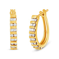 10K Gold Round and Baguette-Cut Diamond Hoop Earrings (I-J Color, I2-I3 Clarity).