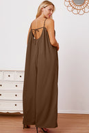 Double Take Full Size Ruffle Trim Tie Back Cami Jumpsuit with Pockets.