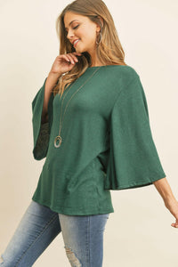 Boat Neck Bell Sleeve Solid Hacci Brushed Top.