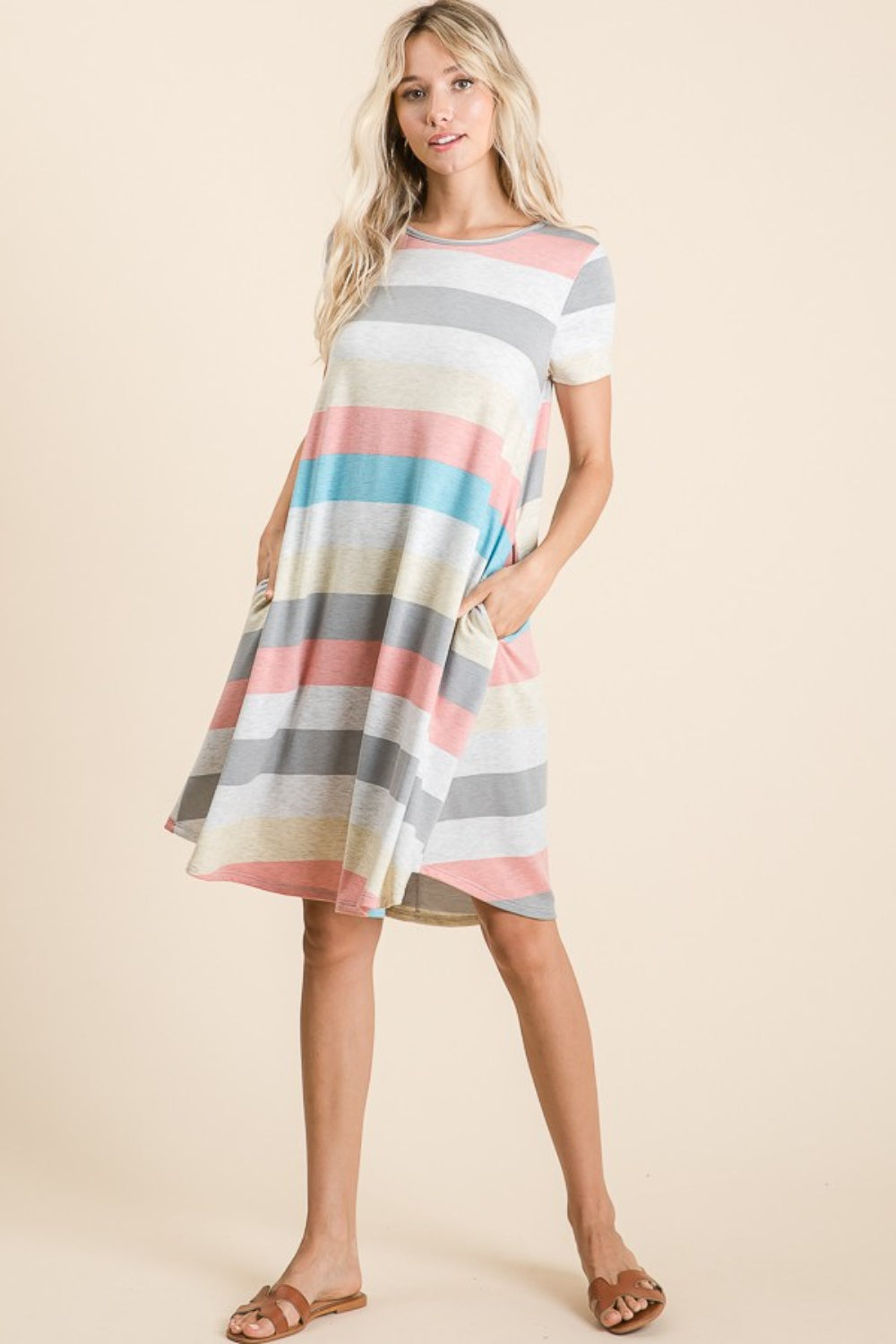 BOMBOM Striped Short Sleeve Dress with Pockets.