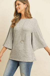 Boat Neck Bell Sleeve Solid Hacci Brushed Top