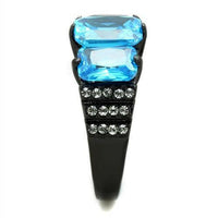 TK1866 IP Black(Ion Plating) Stainless Steel Ring With AAA Grade CZ in Sea Blue.