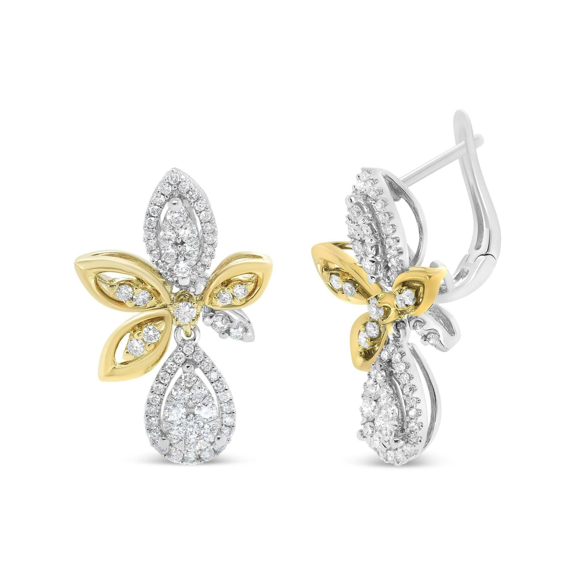 14K White and Yellow Gold 1.00 Cttw Round Pave-Set Diamond Teardrop and Marquise Shape Drop Dangle Earrings (H-I Color,.