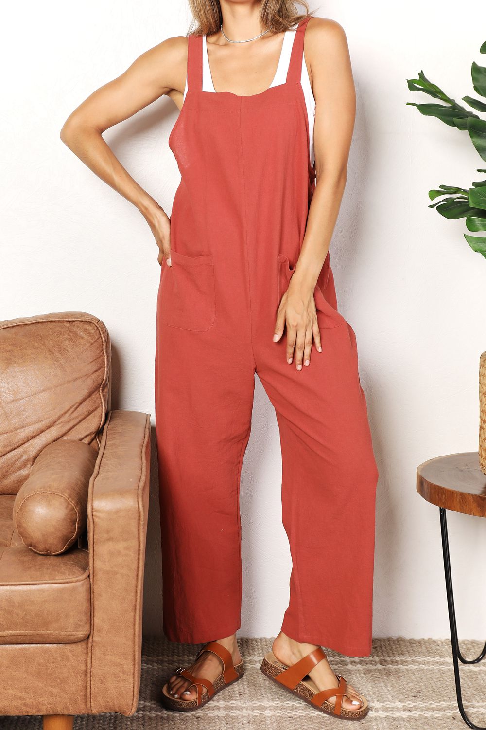 Perfee Wide Leg Overalls with Front Pockets.