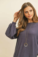 Puff Sleeved Boat Neck Two Toned Brushed Hacci Top.