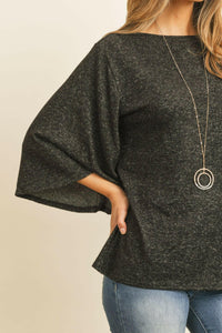 Boat Neck Bell Sleeve Solid Hacci Brushed Top.