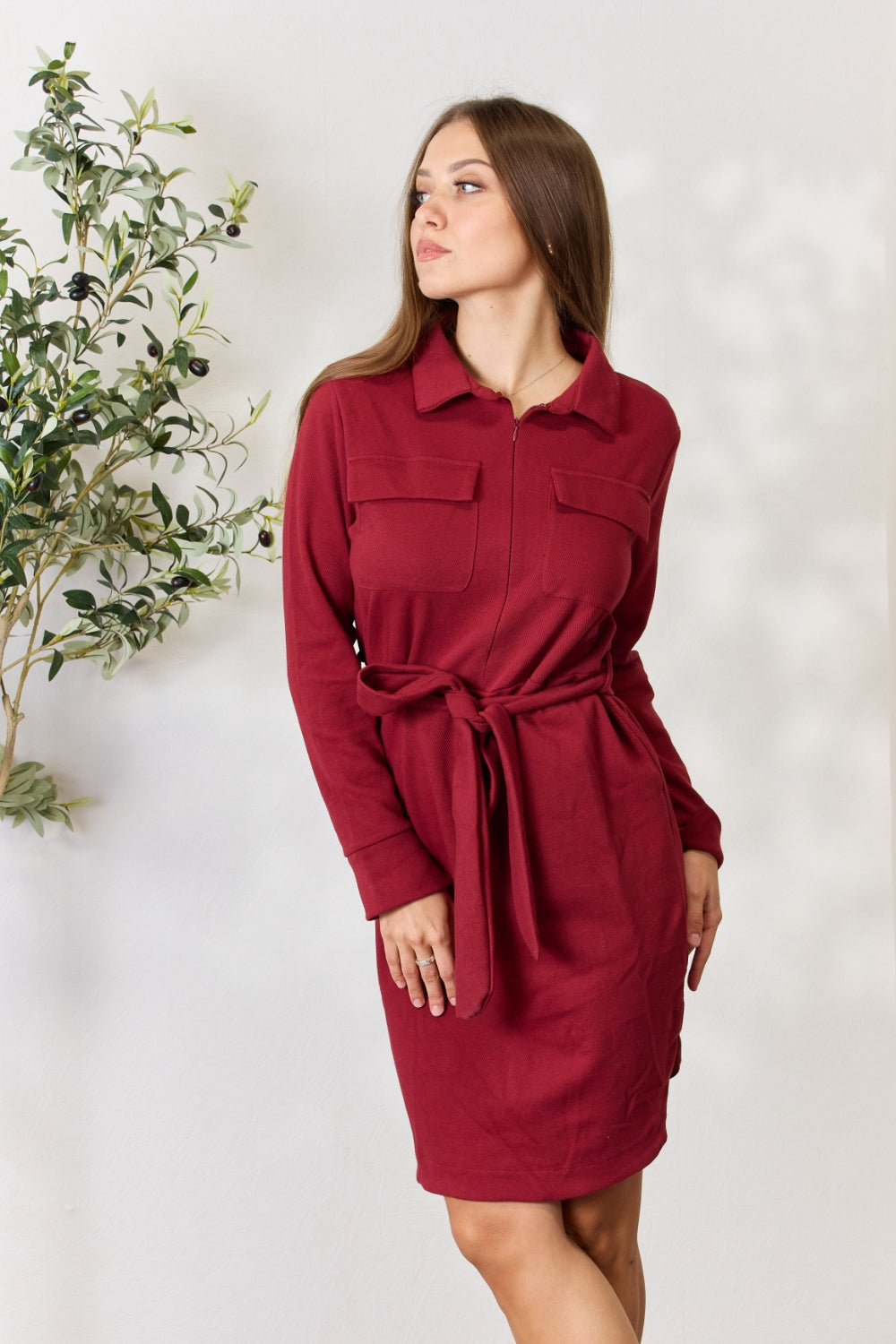 Culture Code Full Size Tie Front Half Zip Long Sleeve Shirt Dress.