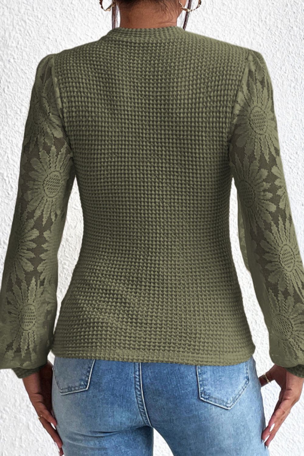 Mock Neck Lace Long Sleeve Top.