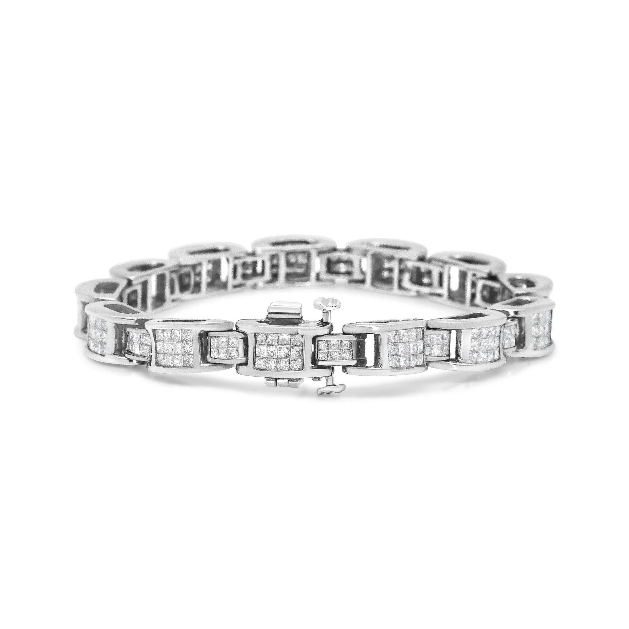 14K White Gold 5.0 Cttw Princess Cut Diamond Invisible Set Alternating Size D Shaped Links Tennis Bracelet (H-I Color, S