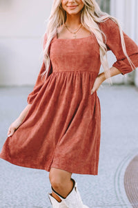 Kaylee Suede Square Neck Puff Sleeve Dress.