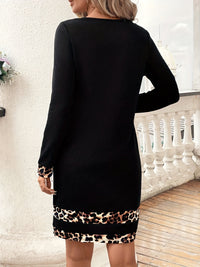 Leopard Trim Round Neck Long Sleeve Mini Dress.