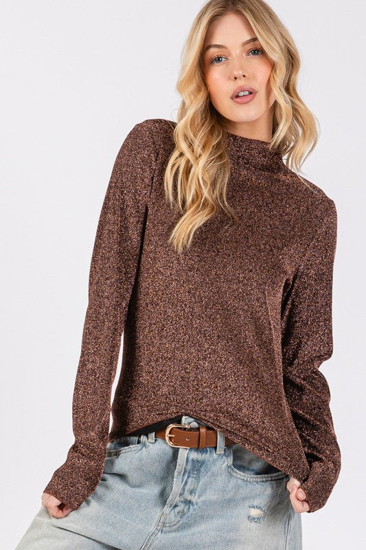 SAGE + FIG Glitter Mock Neck Lettuce Hem Long Sleeve Top.