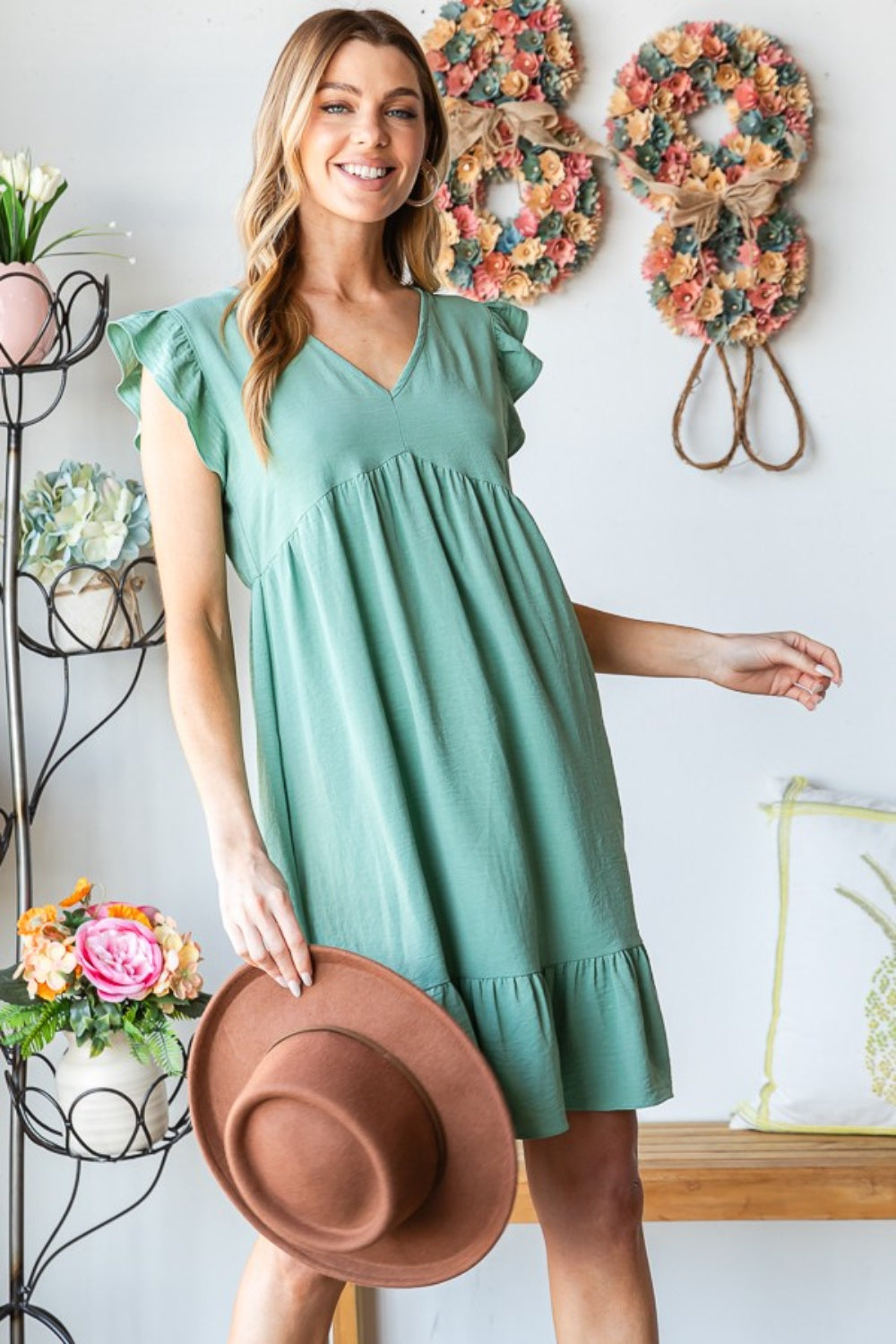 Heimish Full Size Short Sleeve V Neck Ruffled Hem Dress.