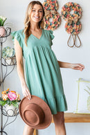 Heimish Full Size Short Sleeve V Neck Ruffled Hem Dress.