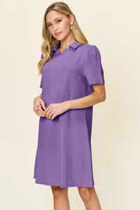 Double Take Full Size Texture Collared Neck Short Sleeve Dress.