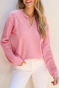 Ashlynn Flower Detail Knitted Notched Neck Sweater.