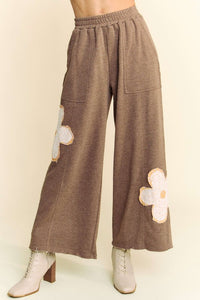 Davi & Dani Flower Patch Elastic Waist Wide Leg Pants.