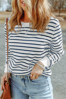 Hannah Striped Print Ribbed Trim Long Sleeve Top.