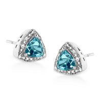 .925 Sterling Silver 6x6 Mm Trillion Cut Blue Topaz Gemstone and Diamond Accent Stud Earring (I-J Color, I1-I2 Clarity).