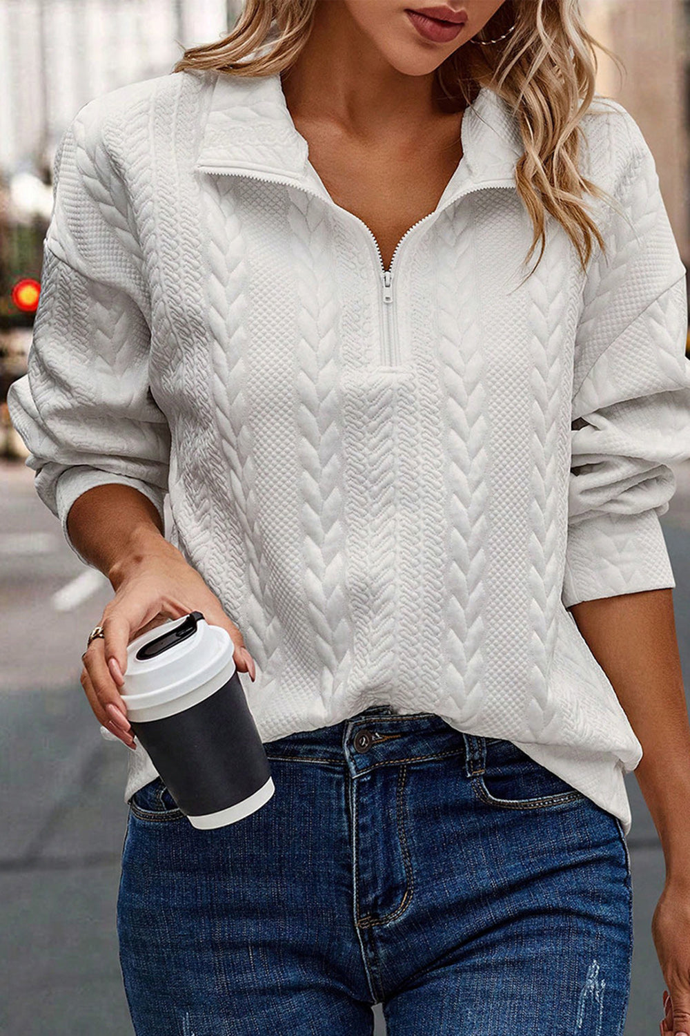 Half Zip Drop Shoulder Long Sleeve Sweatshirt.