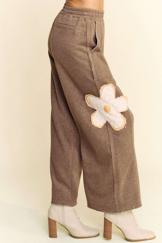 Davi & Dani Flower Patch Elastic Waist Wide Leg Pants.