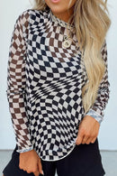 Checkered Mock Neck Long Sleeve Blouse.