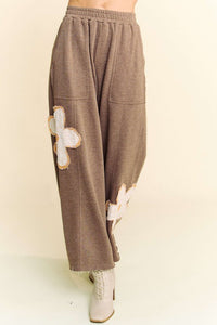 Davi & Dani Flower Patch Elastic Waist Wide Leg Pants.