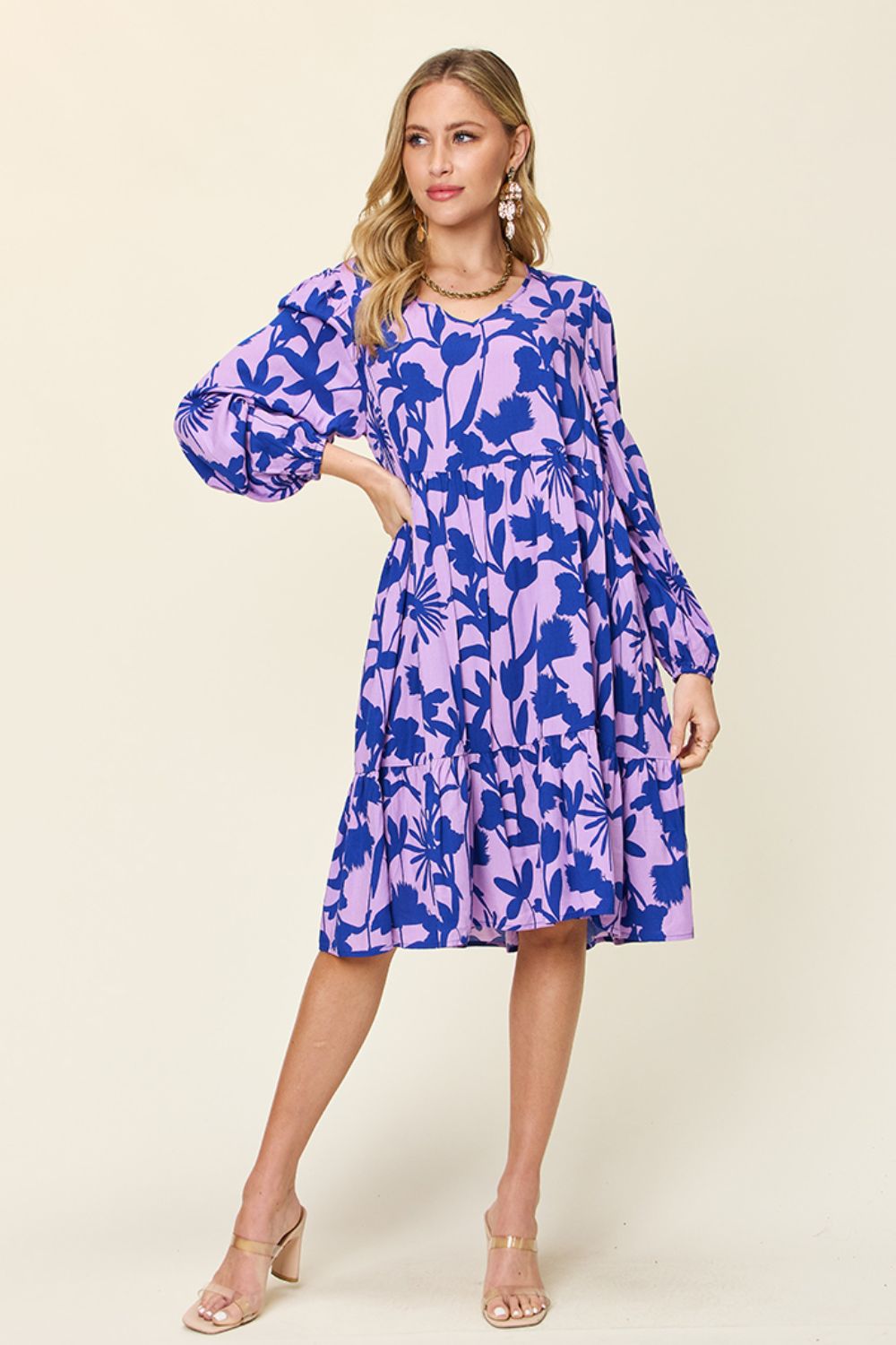 Double Take Full Size Printed Ruffle Hem Dress with Pocket.