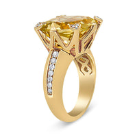 18K Yellow Gold 15x15mm Cushion Cut Lemon Quartz and 1/4 Cttw Diamond Accented Cocktail Ring (F-G Color, VS1-VS2 Clarity.