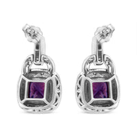 .925 Sterling Silver 8MM Natural Cushion Shaped Amethyst and Diamond Accent Halo With Push Back Dangle Earrings (I-J Col.