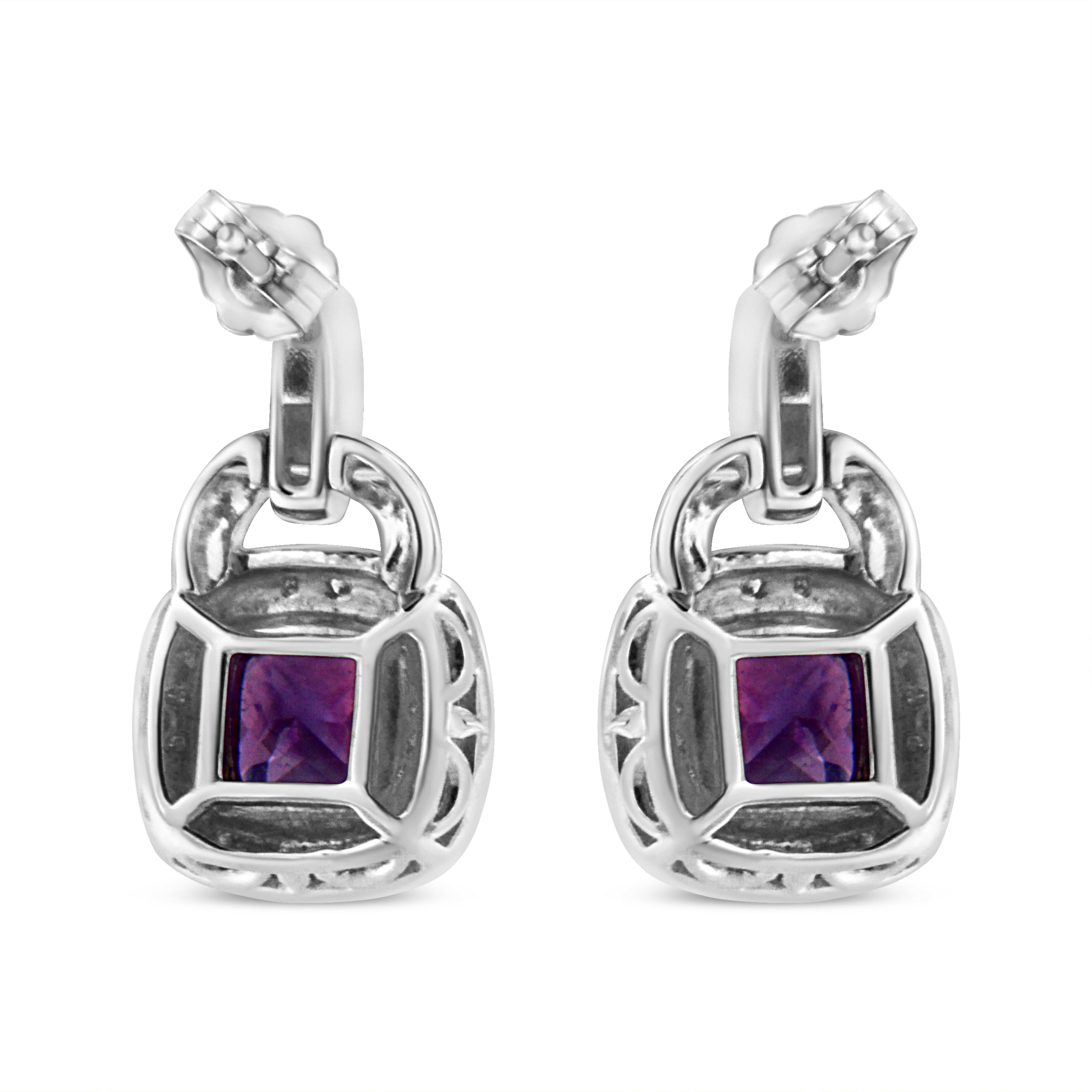 .925 Sterling Silver 8MM Natural Cushion Shaped Amethyst and Diamond Accent Halo With Push Back Dangle Earrings (I-J Col.