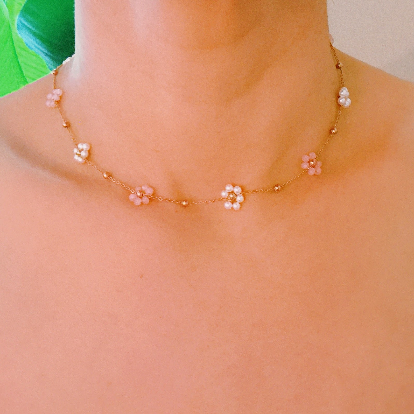 Pearl and Glass Bead Flower Necklace.