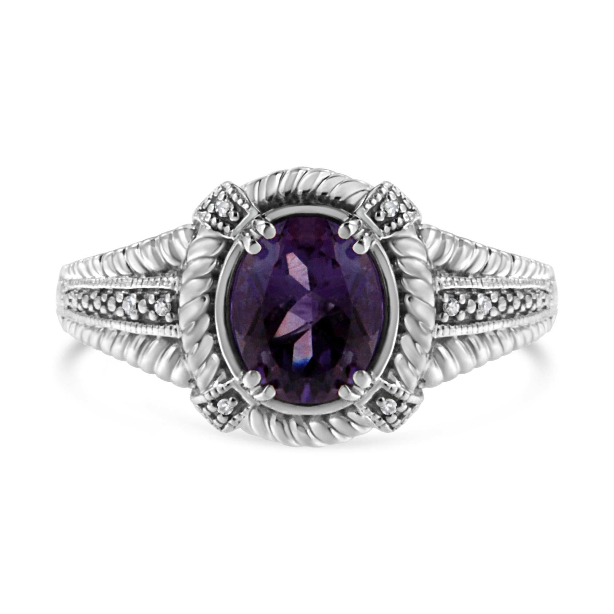 .925 Sterling Silver Prong Set Natural Oval Shape 9X7 MM Purple Amethyst Solitaire and Diamond Accent Ring (I-J Color, I